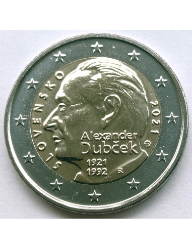 Awers monety Słowacja 2 euro 2021 100 rocznica urodzin Alexandra Dubčeka