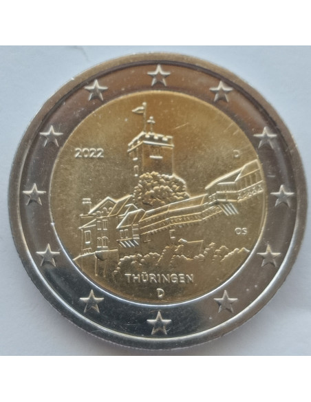 Awers monety Niemcy 2 euro 2022 Turyngia Zamek Wartburg
