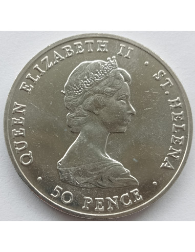 Awers monety Wyspa Wniebowstąpienia 50 Pensów 1984 Królewska wizyta księcia Andrzeja