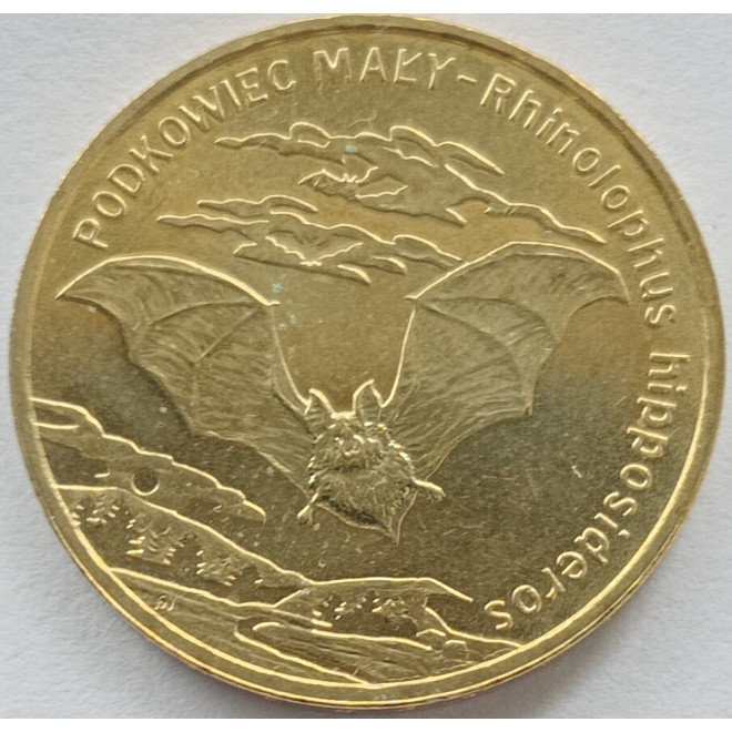Rewers monety 2 zł 2010 Zwierzęta świata – podkowiec mały łac. Rhinolophus hipposideros