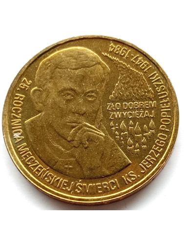 Awers monety 2 zł 2009 25. rocznica męczeńskiej śmierci księdza Jerzego Popiełuszki