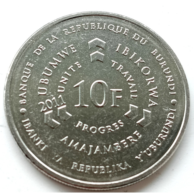 Rewers monety Burundi 10 Franków 2011