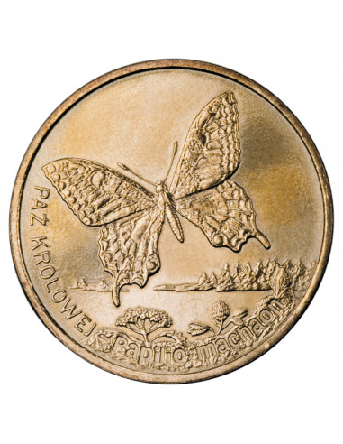 Awers monety 2 zł 2001 Zwierzęta świata: Paź Królowej łac. Papilio machano