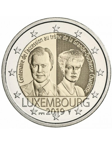 Awers monety Luksemburg 2 euro 2019 100 rocznica wstąpienia na tron wielkiej księżnej Szarlotty