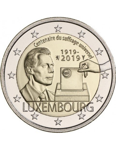 Awers monety 2 euro 2019 100 rocznica powszechnych praw wyborczych w Luksemburgu