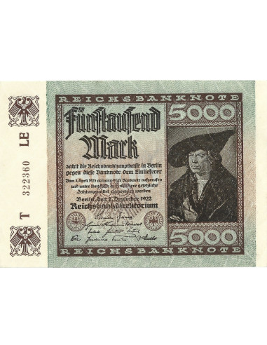 Przód banknotu Niemcy 5 000 Mark 1922 UNC