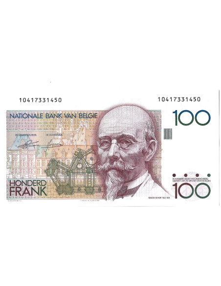 Przód banknotu Belgia 100 Frank 1986 UNC