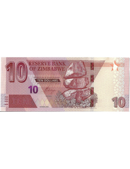 Przód banknotu Zimbabwe 10 Dolarów 2020 UNC