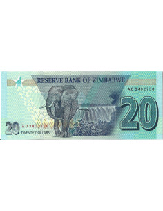 Przód banknotu Zimbabwe 20 Dolarów 2020 UNC 2