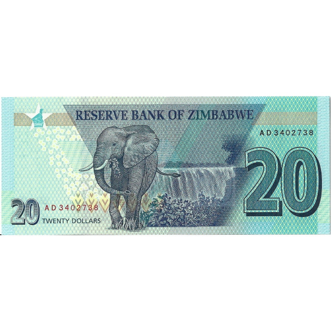 Tył banknotu Zimbabwe 20 Dolarów 2020 UNC