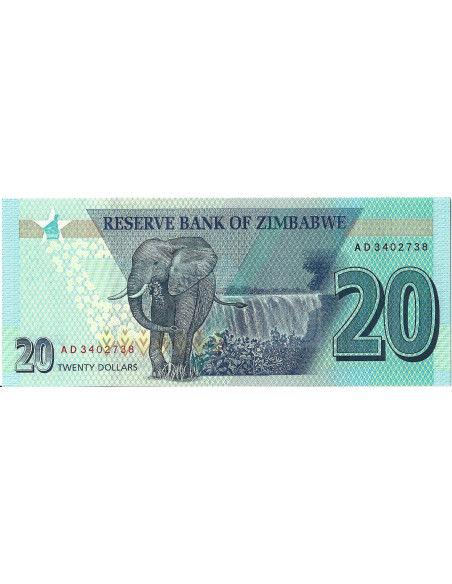 Tył banknotu Zimbabwe 20 Dolarów 2020 UNC