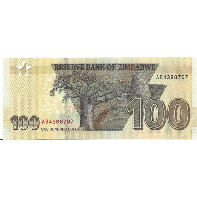 Tył banknotu Zimbabwe 100 Dolarów 2020 UNC
