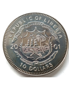 Awers monety Liberia 10 Dolarów 2001 Życie Gandhiego 2