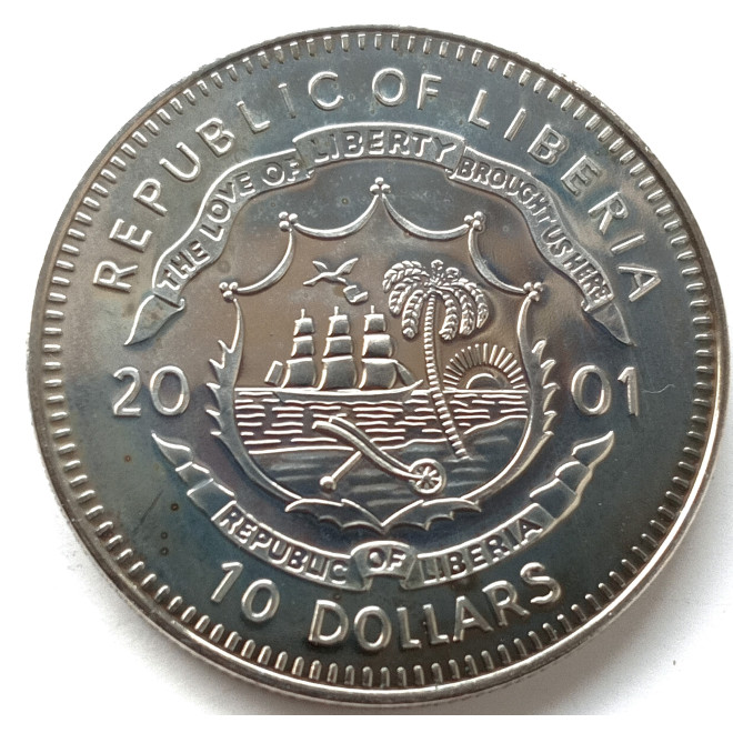 Rewers monety Liberia 10 Dolarów 2001 Hiszpańska Wojna Domowa