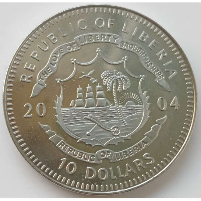 Rewers monety Liberia 10 Dolarów 2004 Lech Wałęsa i Solidarność z 1980 roku