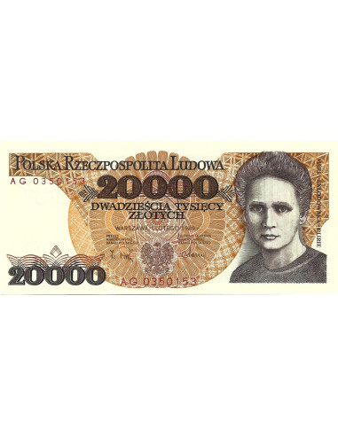 Przód banknotu 20 000 Złotych 1989 UNC