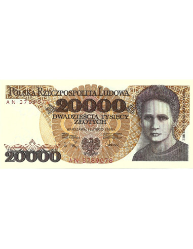 Przód banknotu 20 000 Złotych 1989 UNC