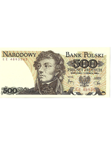 Przód banknotu 500 Złotych 1982 UNC