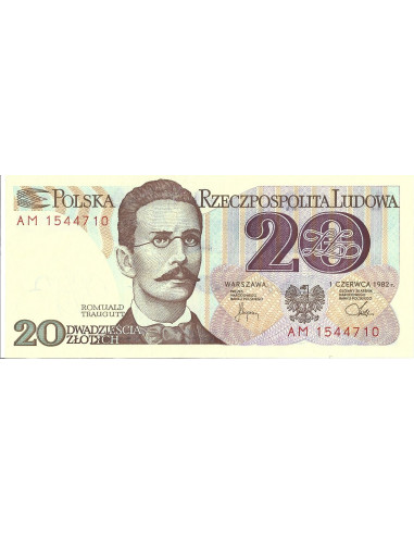 Przód banknotu 20 Złotych 1982 UNC