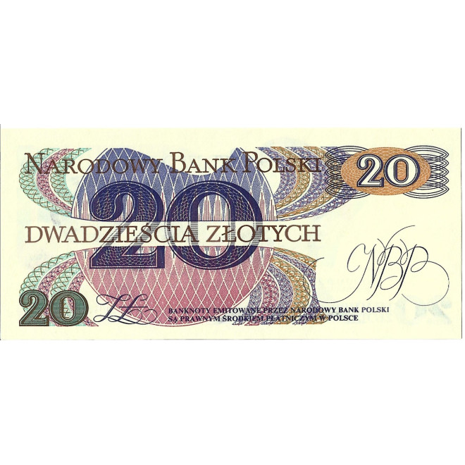 Tył banknotu 20 Złotych 1982 UNC