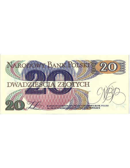Tył banknotu 20 Złotych 1982 UNC