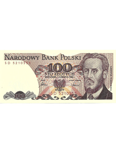 Przód banknotu 100 Złotych 1986 UNC