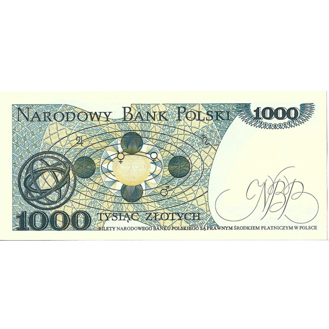 Tył banknotu 1 000 Złotych 1982 UNC