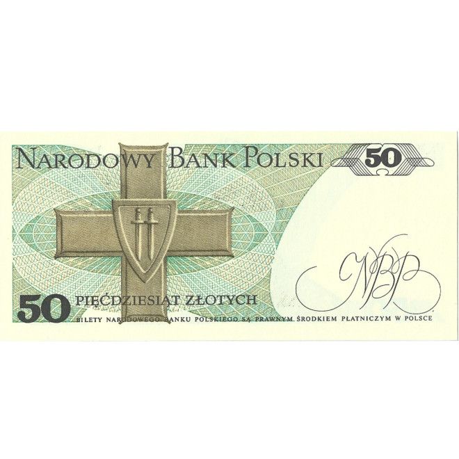 Tył banknotu 50 Złotych 1988 UNC