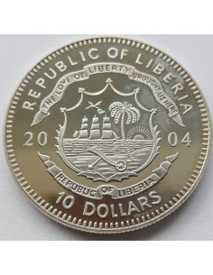 Awers monety Liberia 10 Dolarów 2004 Obalenie reżimu Ceausescu 1989 2