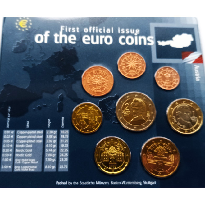 Awers monety Austria 2002 zestaw monet 1 cent do 2 euro
