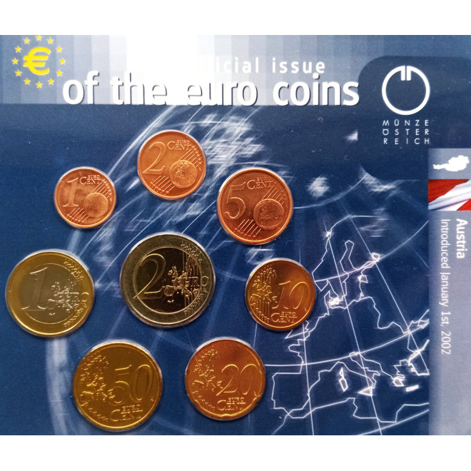 Rewers monety Austria 2002 zestaw monet 1 cent do 2 euro