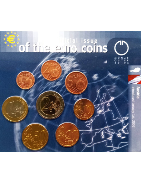 Rewers monety Austria 2002 zestaw monet 1 cent do 2 euro