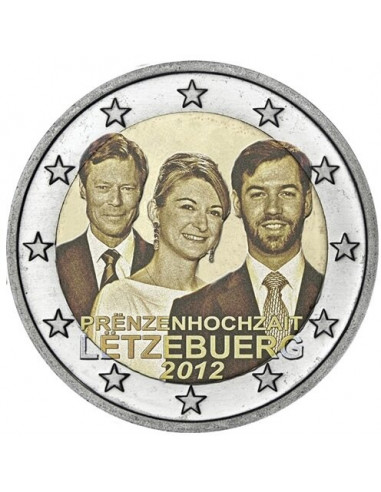 Awers monety 2 euro 2012 Ślub dziedzicznego wielkiego księcia Wilhelma z hrabianką Stéphanie de Lannoy