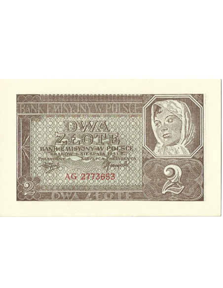 Przód banknotu 2 Złote 1941 UNC