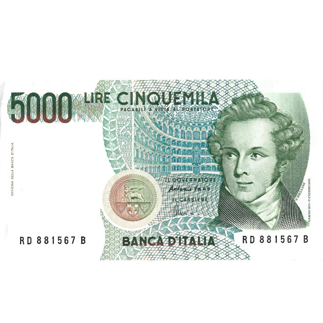 Przód banknotu Włochy 5 000 Lira 1985 XF