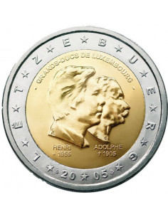 Awers monety Luksemburg 2 euro 2005 100lecie śmierci Wielkiego Księcia Adolfa 50lecie urodzin i 5 lat na tronie Wielkiego Księci