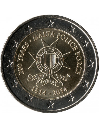 Awers monety 2 euro 2014 200lecie istnienia policji na Malcie