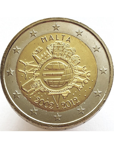 Awers monety 2 euro 2012 10lecie banknotów i monet euro Malta