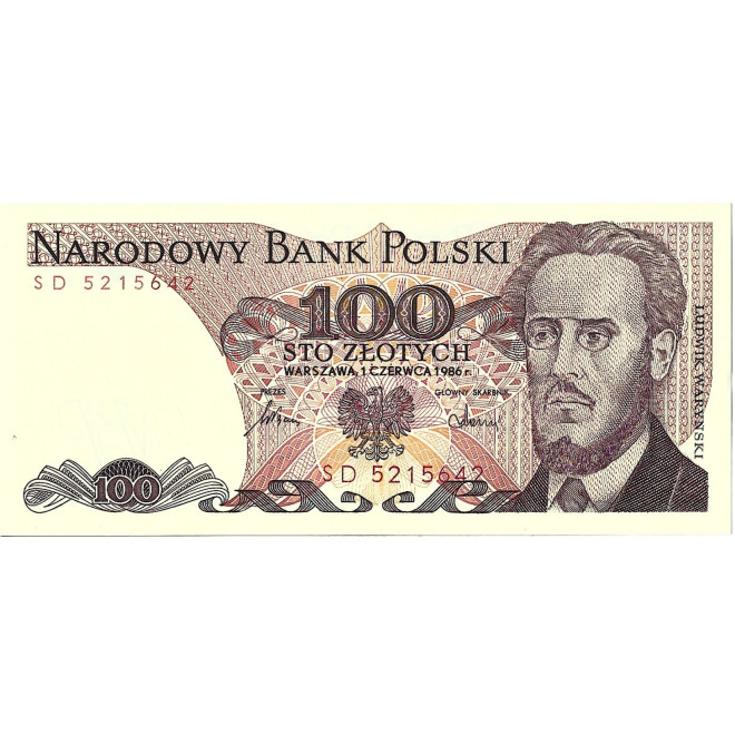 Przód banknotu 100 Złotych 1986 UNC