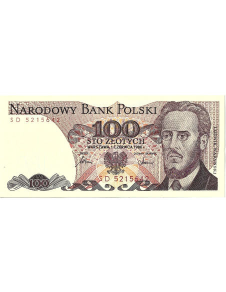 Przód banknotu 100 Złotych 1986 UNC