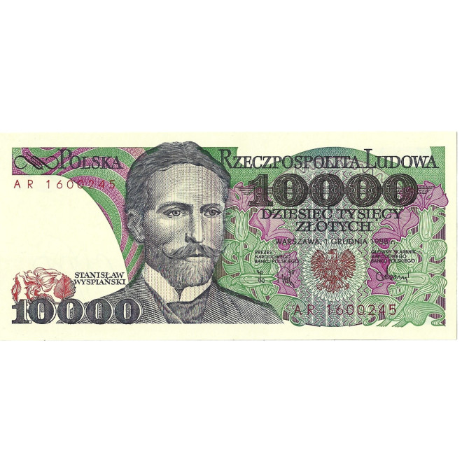Przód banknotu 10 000 Złotych 1988 UNC