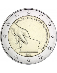 Awers monety Malta 2 euro 2011 Historia konstytucyjna na Malcie – pierwsze wybory reprezentantów w 1849 roku