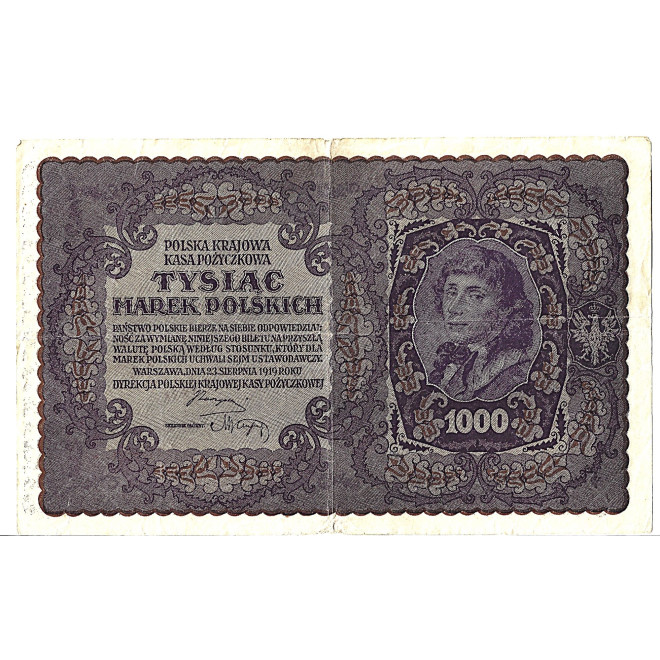 Przód banknotu Polska 1000 Marek polskich 1919 G