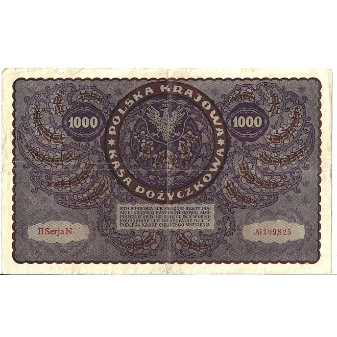 Tył banknotu Polska 1000 Marek polskich 1919 G