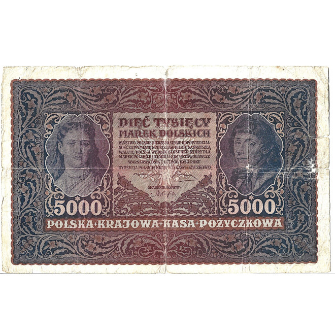 Przód banknotu Polska 5000 Marek polskich 1920 G