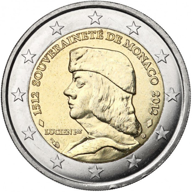 Awers monety Monako 2 euro 2012 500 rocznica ustanowienia Monako suwerennym państwem