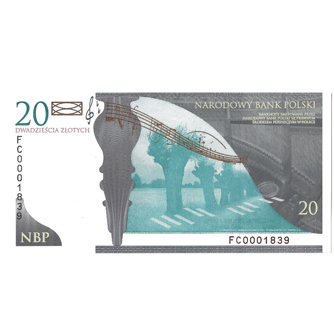 Tył banknotu 20 Złotych 2009 UNC