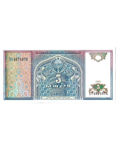 Banknot Uzbekistan 5 Som 1994 - UNC