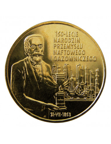 Awers monety 2 zł 2003 150lecie narodzin przemysłu naftowego i gazowniczego