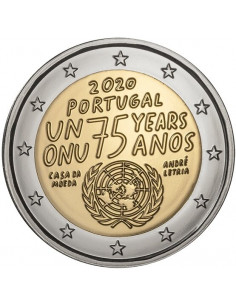 Awers monety Portugalia 2 euro 2020 75‑lecie powstania Organizacji Narodów Zjednoczonych